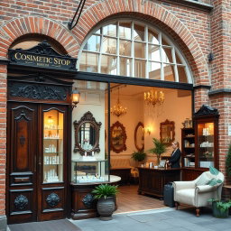 A charming cosmetic shop showcasing vintage architecture, characterized by exposed brick walls and large, arched windows that invite natural light