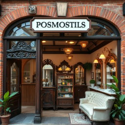 A charming cosmetic shop showcasing vintage architecture, characterized by exposed brick walls and large, arched windows that invite natural light