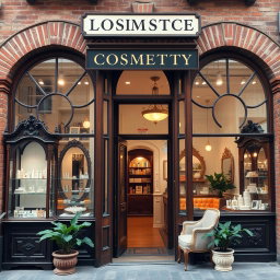 A charming cosmetic shop showcasing vintage architecture, characterized by exposed brick walls and large, arched windows that invite natural light