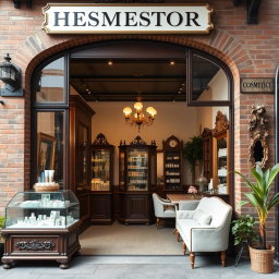 A charming cosmetic shop showcasing vintage architecture, characterized by exposed brick walls and large, arched windows that invite natural light