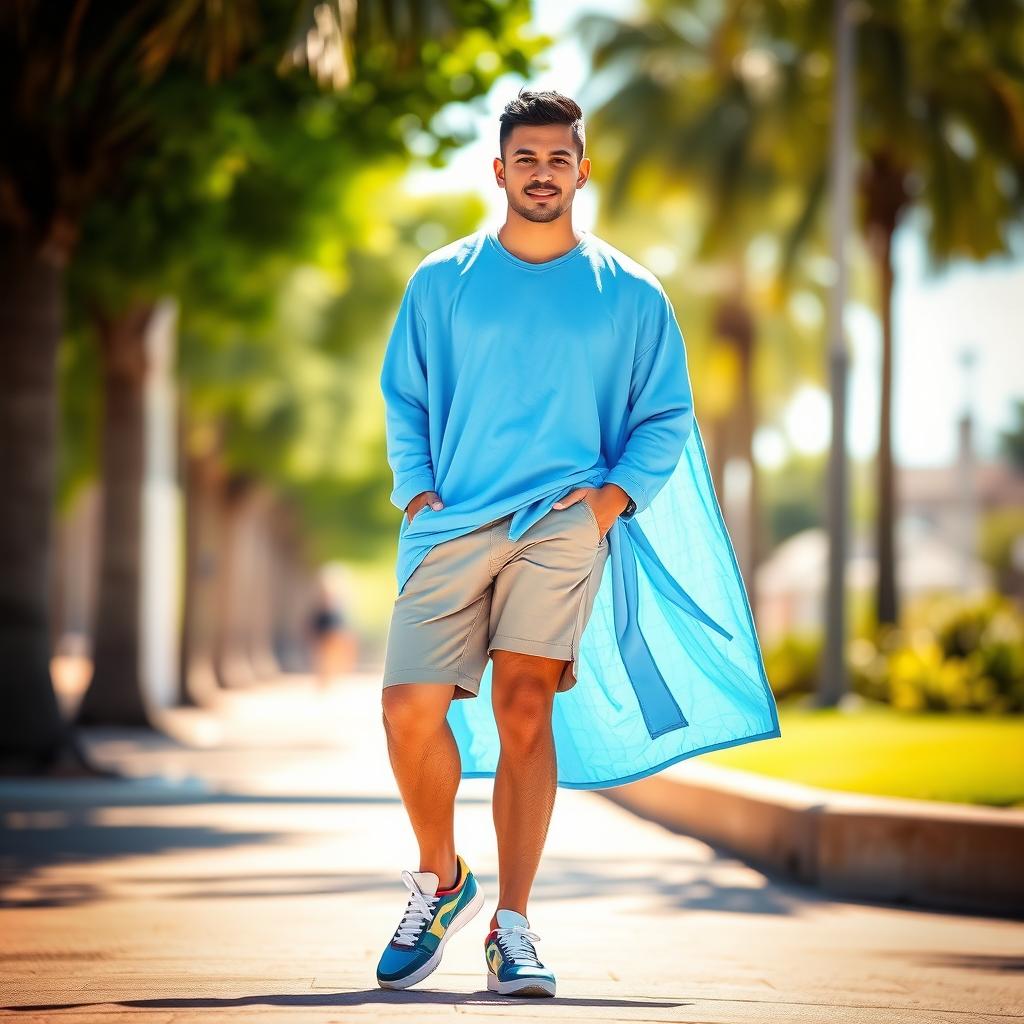 A 29-year-old tan-skinned Mexican man standing confidently, wearing an oversized blue long-sleeve shirt and casual shorts, paired with trendy sneakers