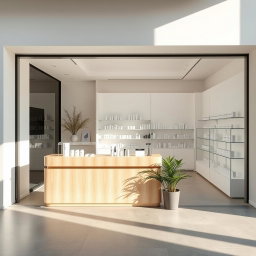 A sleek cosmetic shop designed with minimal architecture, characterized by clean lines and an uncluttered aesthetic