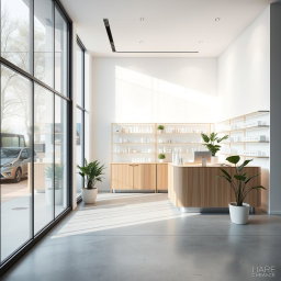 A sleek cosmetic shop designed with minimal architecture, characterized by clean lines and an uncluttered aesthetic