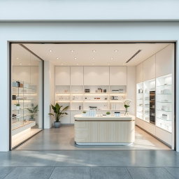 A sleek cosmetic shop designed with minimal architecture, characterized by clean lines and an uncluttered aesthetic
