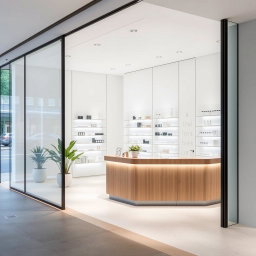 A sleek cosmetic shop designed with minimal architecture, characterized by clean lines and an uncluttered aesthetic