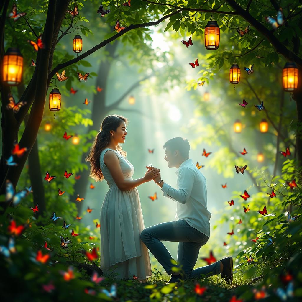 A romantic marriage proposal scene set in a lush forest, surrounded by vibrant green trees and colorful butterflies fluttering all around