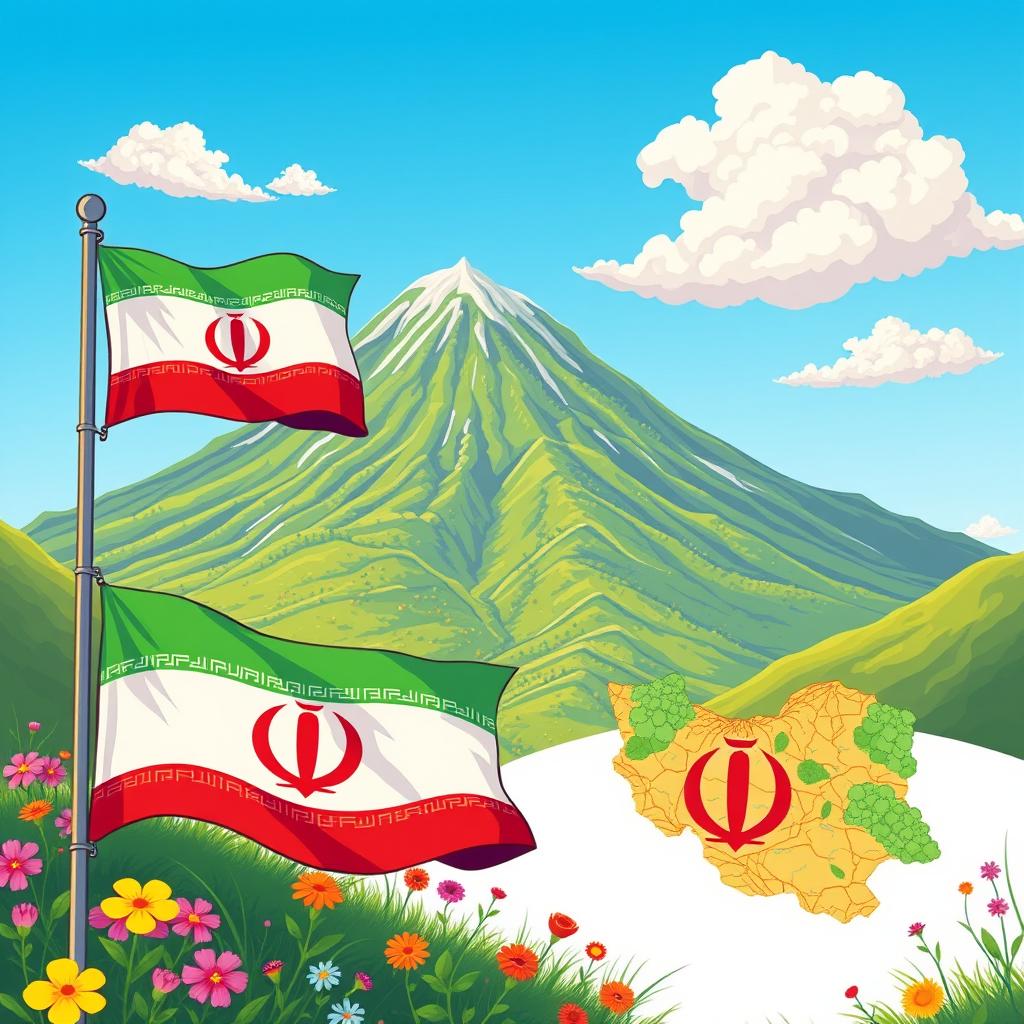A vibrant cartoon illustration of Mount Damavand during springtime, showcasing the mountain covered with lush greenery and blooming flowers