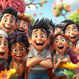A vibrant 3D animation scene showcasing a diverse group of characters with expressive faces, each displaying exaggerated emotions like happiness, surprise, and excitement