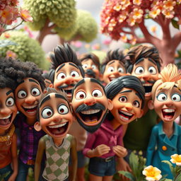 A vibrant 3D animation scene showcasing a diverse group of characters with expressive faces, each displaying exaggerated emotions like happiness, surprise, and excitement