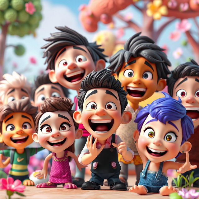A vibrant 3D animation scene showcasing a diverse group of characters with expressive faces, each displaying exaggerated emotions like happiness, surprise, and excitement