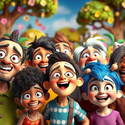 A vibrant 3D animation scene showcasing a diverse group of characters with expressive faces, each displaying exaggerated emotions like happiness, surprise, and excitement
