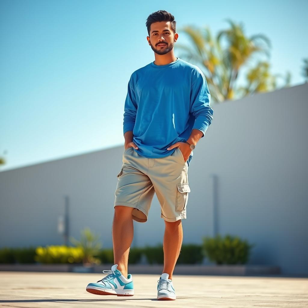 A 29-year-old tan-skinned Mexican man standing confidently, wearing an oversized blue long-sleeve shirt, casual shorts, and stylish sneakers