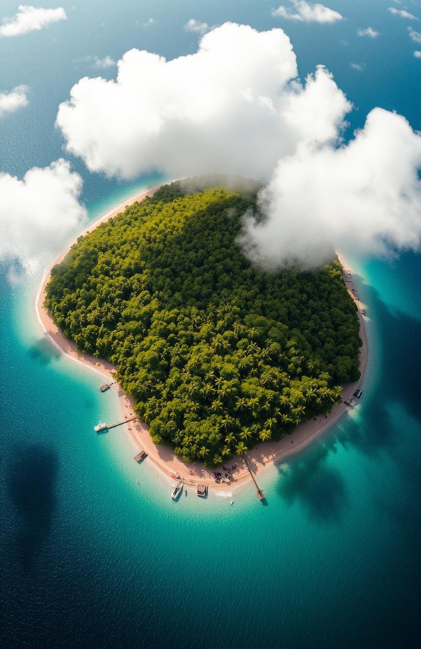 A breathtaking aerial view of a mysterious island, showcasing an expansive stretch of soft, golden sand surrounded by lush, dense greenery
