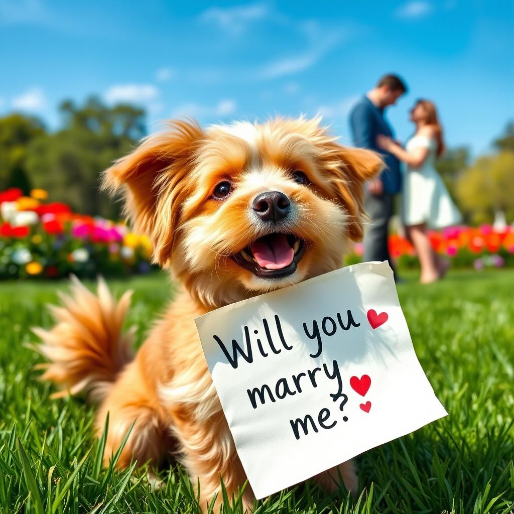 A cute dog holding a piece of paper in its mouth that says 'Will you marry me?'