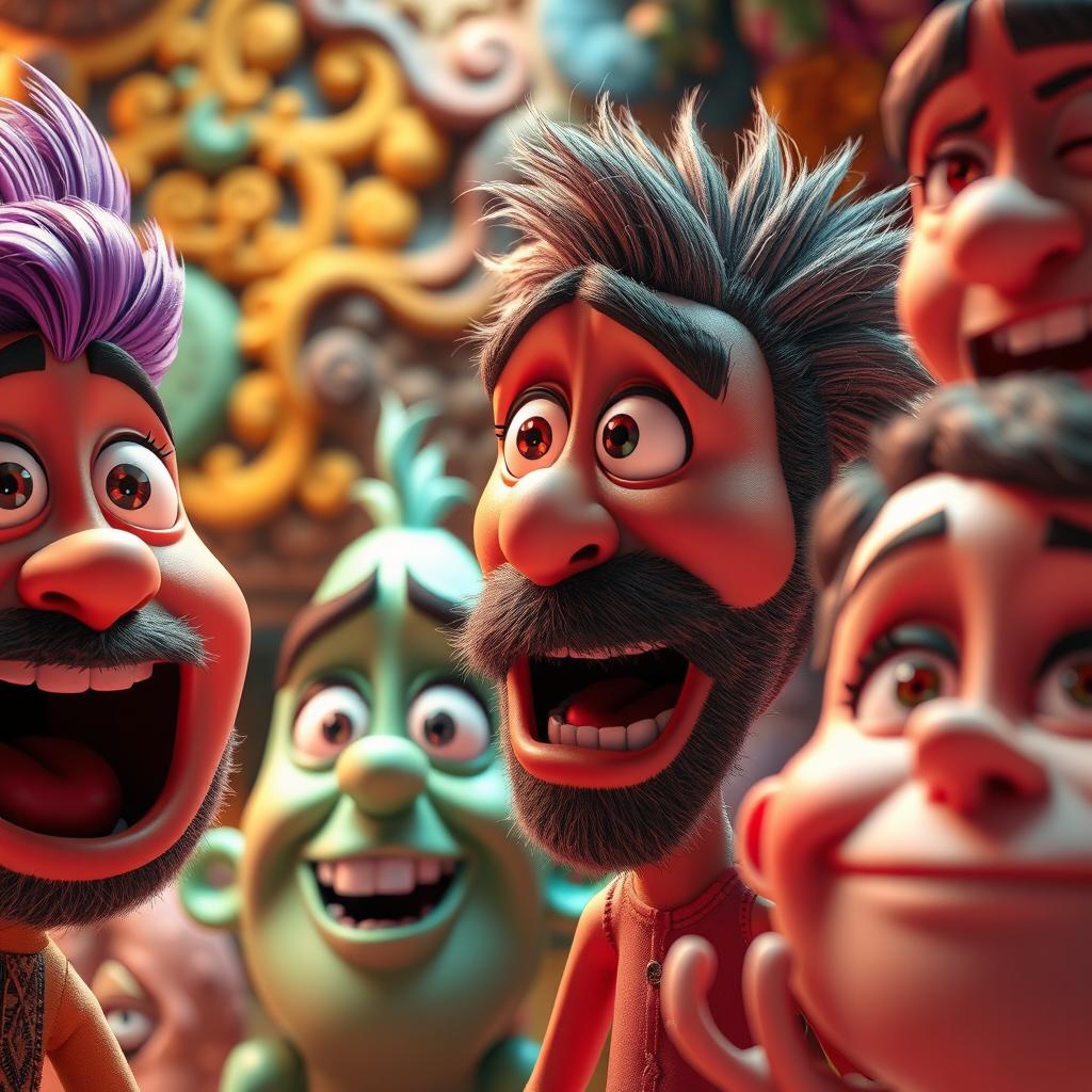 A vivid 3D animated scene showcasing expressive faces and intricate textures, featuring characters with exaggerated facial expressions that convey a range of emotions such as joy, surprise, and determination