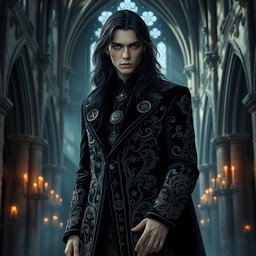 A dramatic and intricate gothic male character, dressed in a luxurious black velvet coat with ornate silver embroidery, adorned with mystical symbols