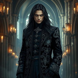 A dramatic and intricate gothic male character, dressed in a luxurious black velvet coat with ornate silver embroidery, adorned with mystical symbols