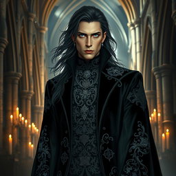 A dramatic and intricate gothic male character, dressed in a luxurious black velvet coat with ornate silver embroidery, adorned with mystical symbols