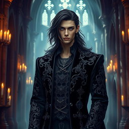 A dramatic and intricate gothic male character, dressed in a luxurious black velvet coat with ornate silver embroidery, adorned with mystical symbols
