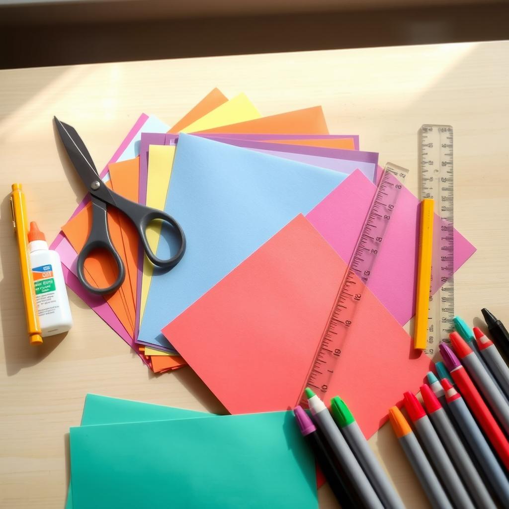 A neatly arranged and aesthetically pleasing set of craft supplies, featuring a vibrant selection of colored paper in various shades, a pair of sharp scissors, a glue bottle, a yellow pencil, a transparent ruler, and an assortment of colorful markers
