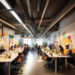 A vibrant and creative co-working space brimming with designers, artists, and creatives of various disciplines. The space shows diverse people sharing ideas, collaborating on projects, and pushing the boundaries of visual expression.