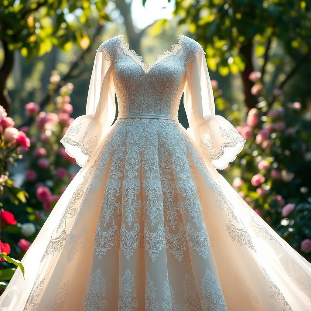 A beautiful, elegant dress made entirely of white fabric, showcasing intricate lace patterns and delicate embroidery
