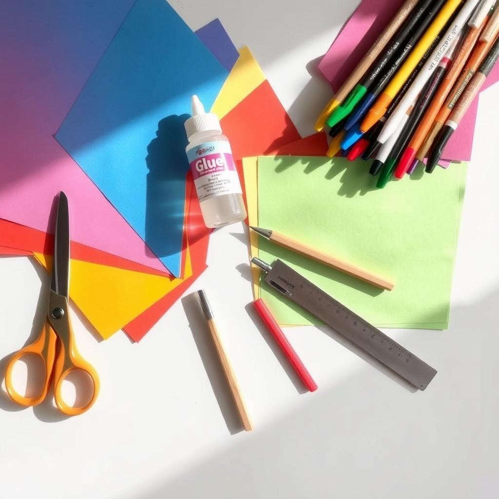 A neatly arranged set of craft supplies including colorful sheets of paper in various shades, a pair of sharp scissors, a bottle of clear glue, a wooden pencil, a metal ruler, and a selection of vibrant markers