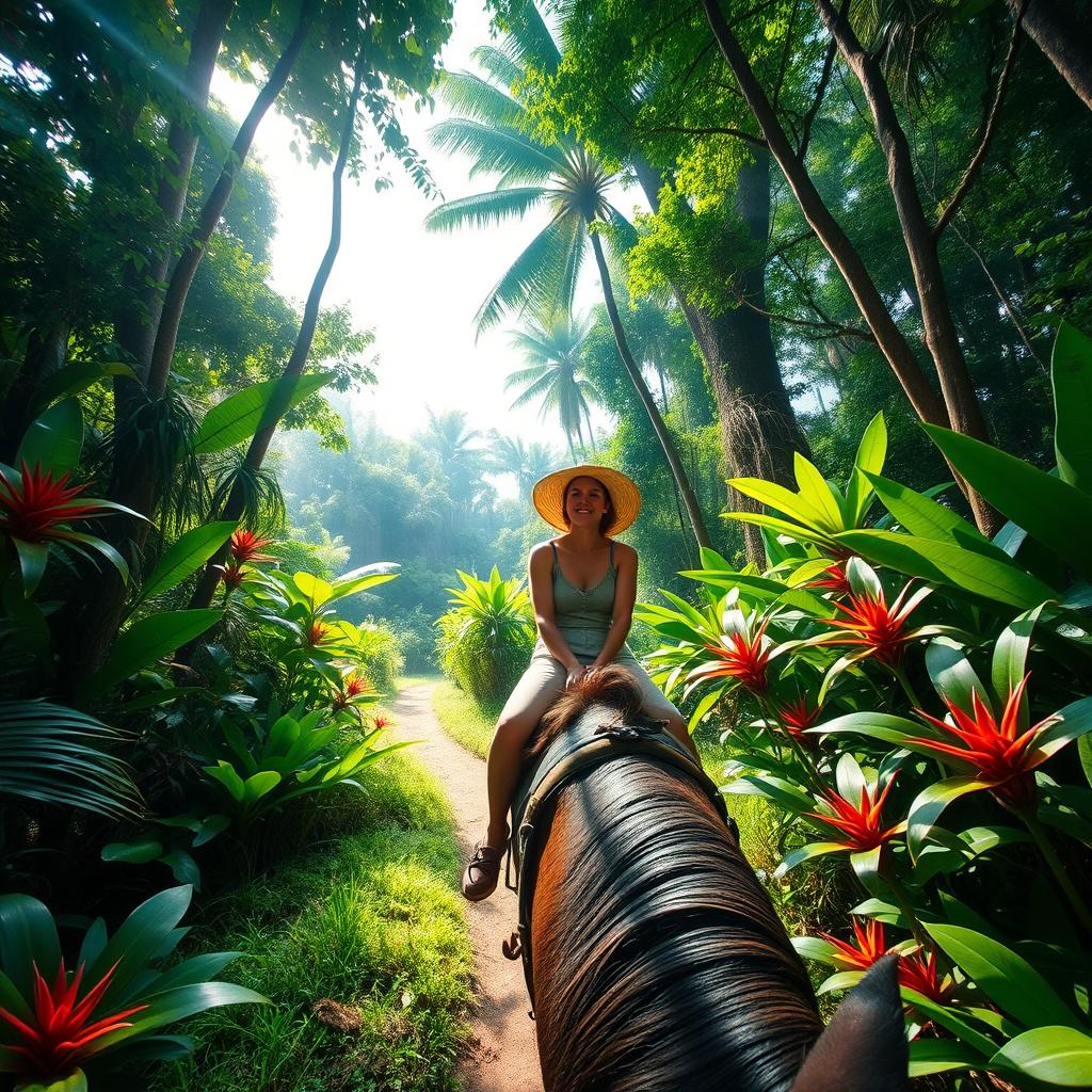 A person riding a horse through a dense, vibrant jungle, surrounded by lush greenery and exotic plants
