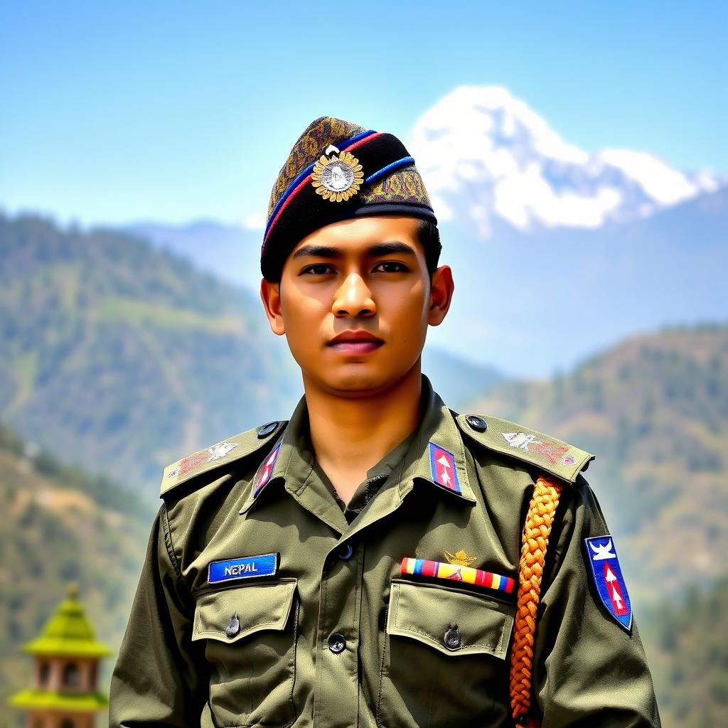 A man wearing traditional Nepali army dress, which includes a military uniform with distinctive Nepali insignia and a patterned topi (hat), standing confidently in a picturesque mountainous background symbolizing Nepal