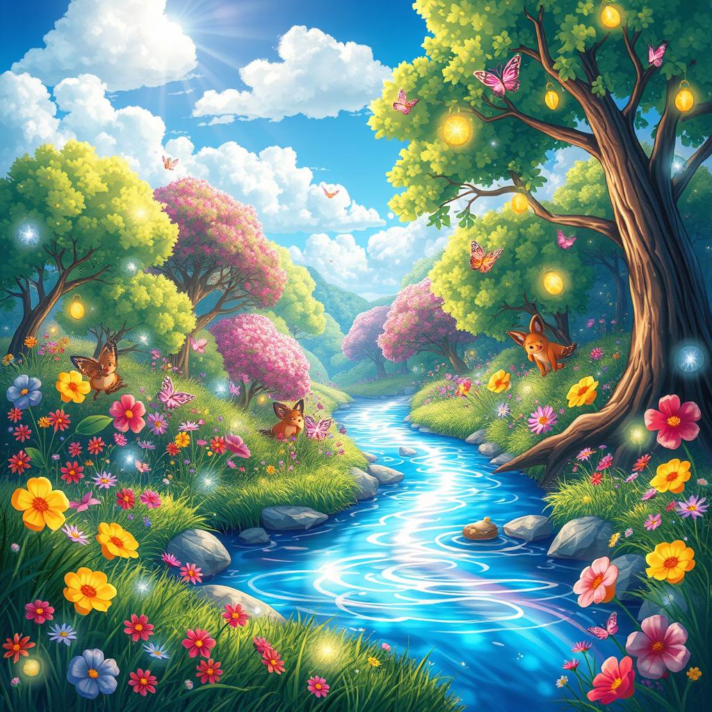 A vibrant and whimsical scene featuring a magical forest filled with colorful flowers, sparkling fairy lights, and fluttering butterflies