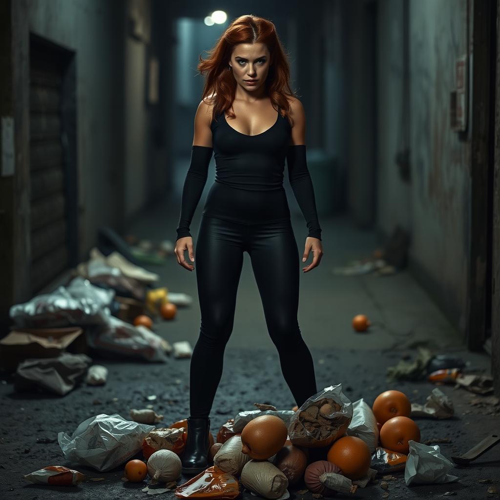 A woman with a malevolent expression, dressed in tight black leggings, standing dominantly over discarded food meant for the poor