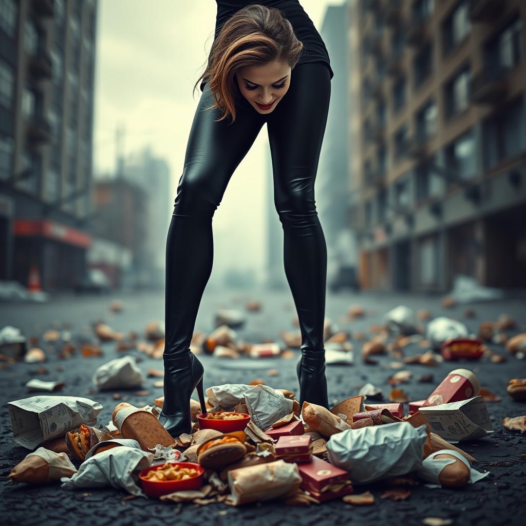 A sinister woman wearing tight black leggings stands triumphantly over food meant for the poor