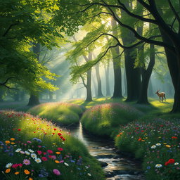 An enchanting forest scene filled with lush green trees, dappled sunlight filtering through the leaves, and a carpet of vibrant wildflowers in various colors