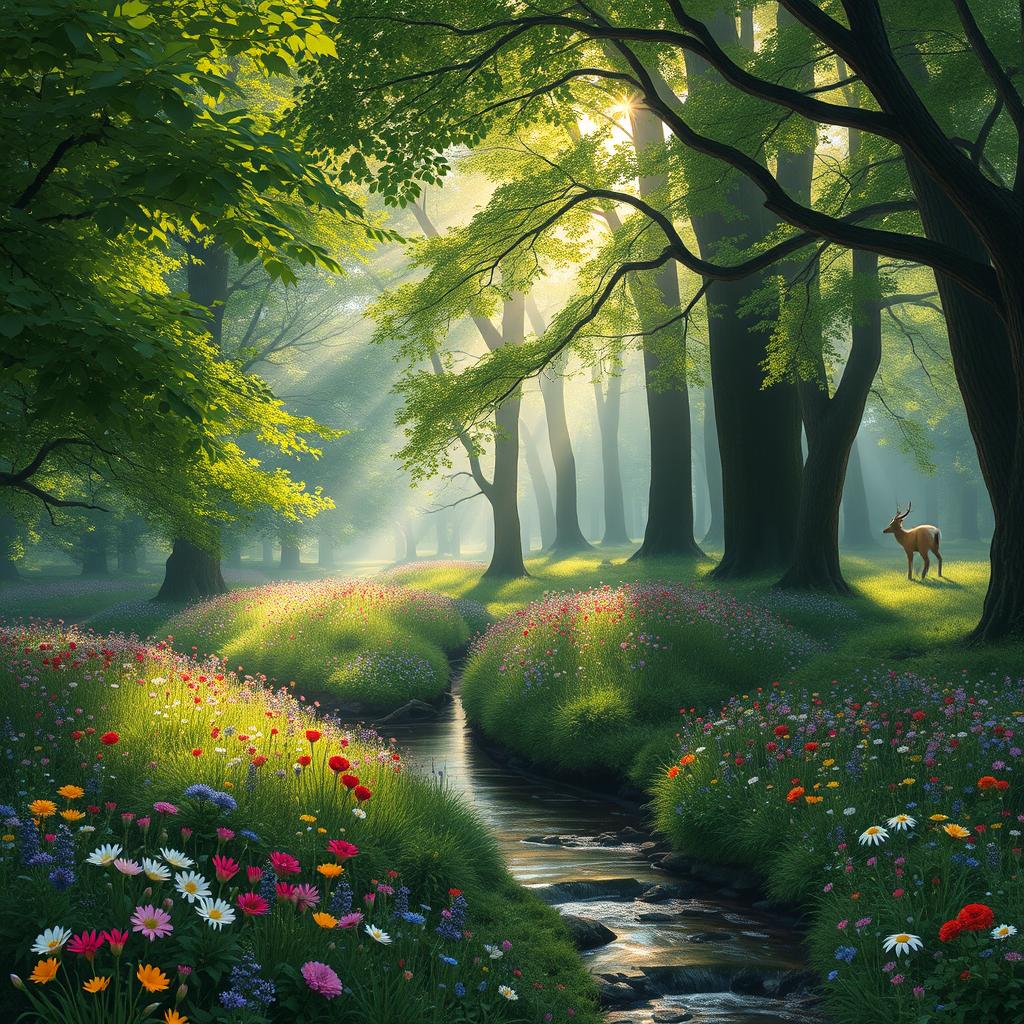 An enchanting forest scene filled with lush green trees, dappled sunlight filtering through the leaves, and a carpet of vibrant wildflowers in various colors