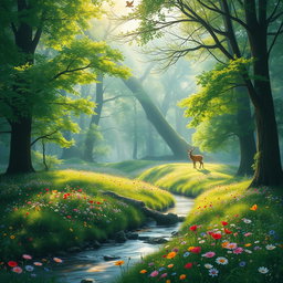 An enchanting forest scene filled with lush green trees, dappled sunlight filtering through the leaves, and a carpet of vibrant wildflowers in various colors