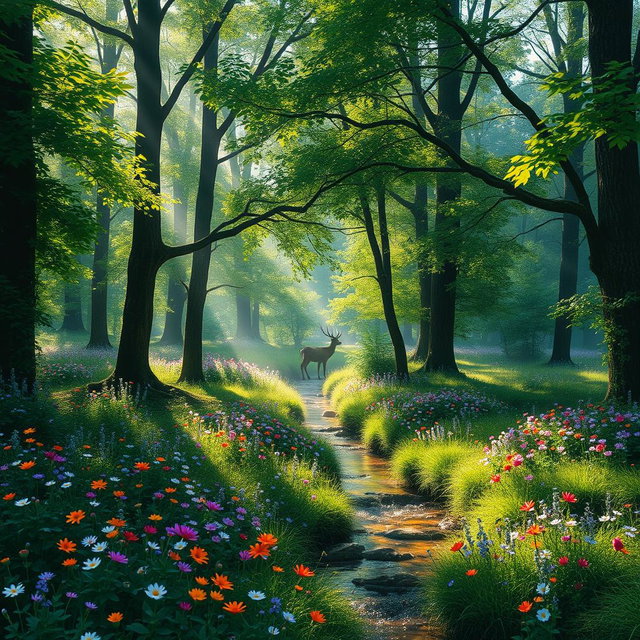 An enchanting forest scene filled with lush green trees, dappled sunlight filtering through the leaves, and a carpet of vibrant wildflowers in various colors