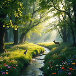 An enchanting forest scene filled with lush green trees, dappled sunlight filtering through the leaves, and a carpet of vibrant wildflowers in various colors