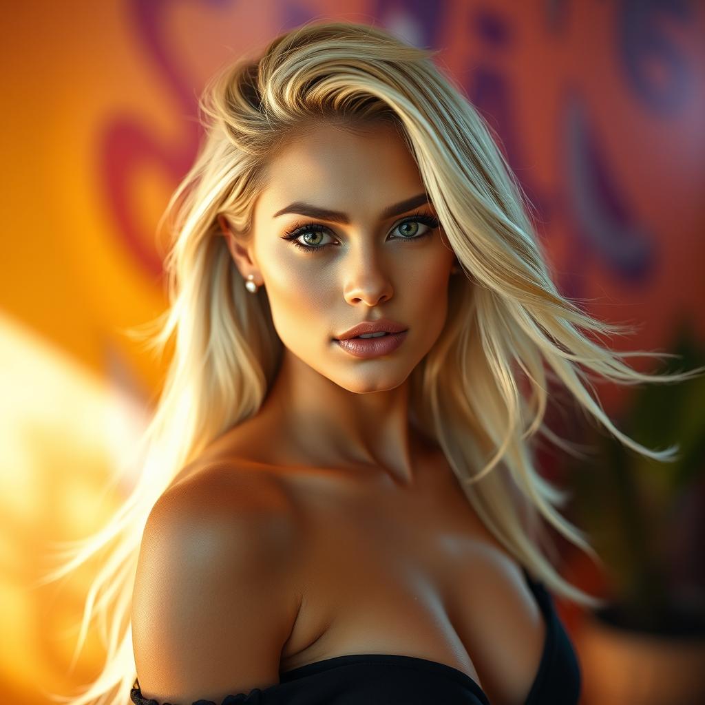 A beautiful blonde woman with tanned skin, mysterious eyes, and prominent silicone-enhanced features, exuding confidence and allure
