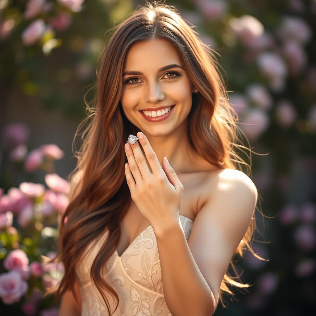 A beautiful 26-year-old woman with long, flowing brunette hair, wearing an elegant dress that showcases her style