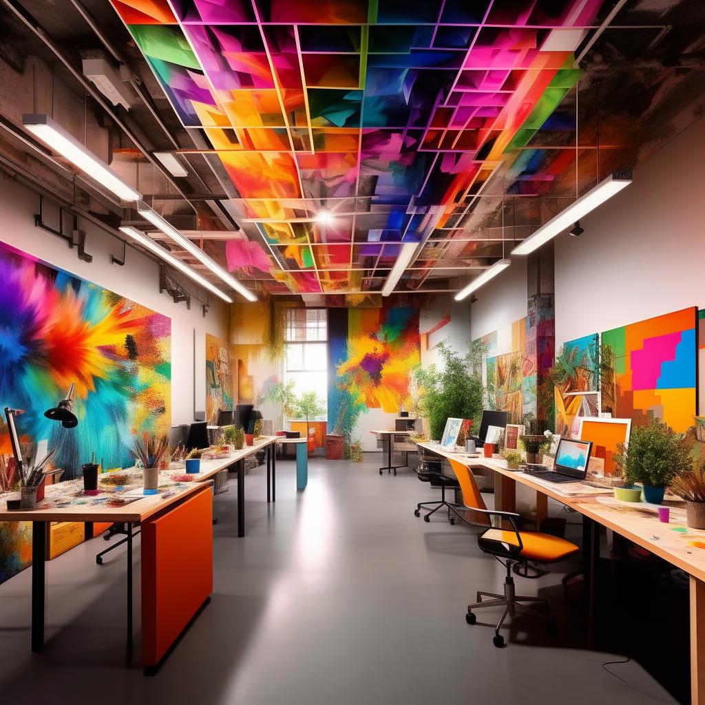 A dazzling masterpiece showcasing a creative co-working space teeming with diverse artists, designers, and creatives. The space is alive with vibrant hues and dynamic compositions, manifesting energetic collaboration and ground-breaking visual expression.