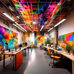 A dazzling masterpiece showcasing a creative co-working space teeming with diverse artists, designers, and creatives. The space is alive with vibrant hues and dynamic compositions, manifesting energetic collaboration and ground-breaking visual expression.