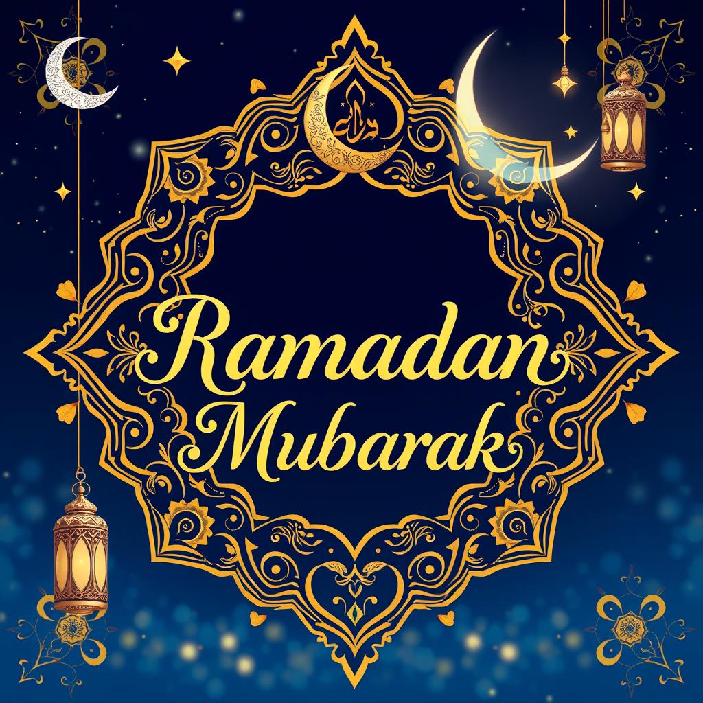 A beautiful Islamic greeting card design, celebrating the month of Ramadan with intricate gold and silver patterns, crescent moon and stars, and vibrant colors of blue and purple