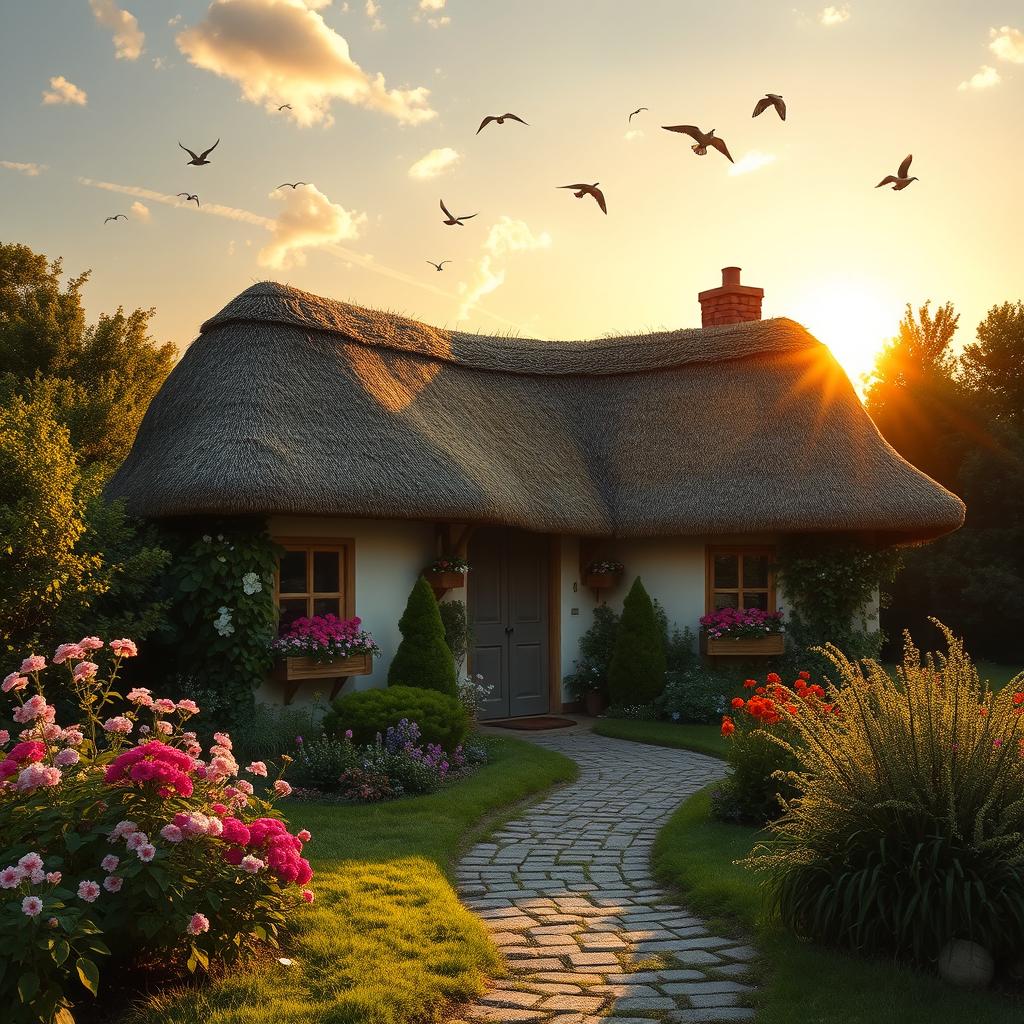 A picturesque countryside scene featuring a charming thatch-roof cottage surrounded by lush greenery