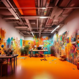 A dazzling masterpiece showcasing a creative co-working space teeming with diverse artists, designers, and creatives. The space is alive with vibrant hues and dynamic compositions, manifesting energetic collaboration and ground-breaking visual expression.