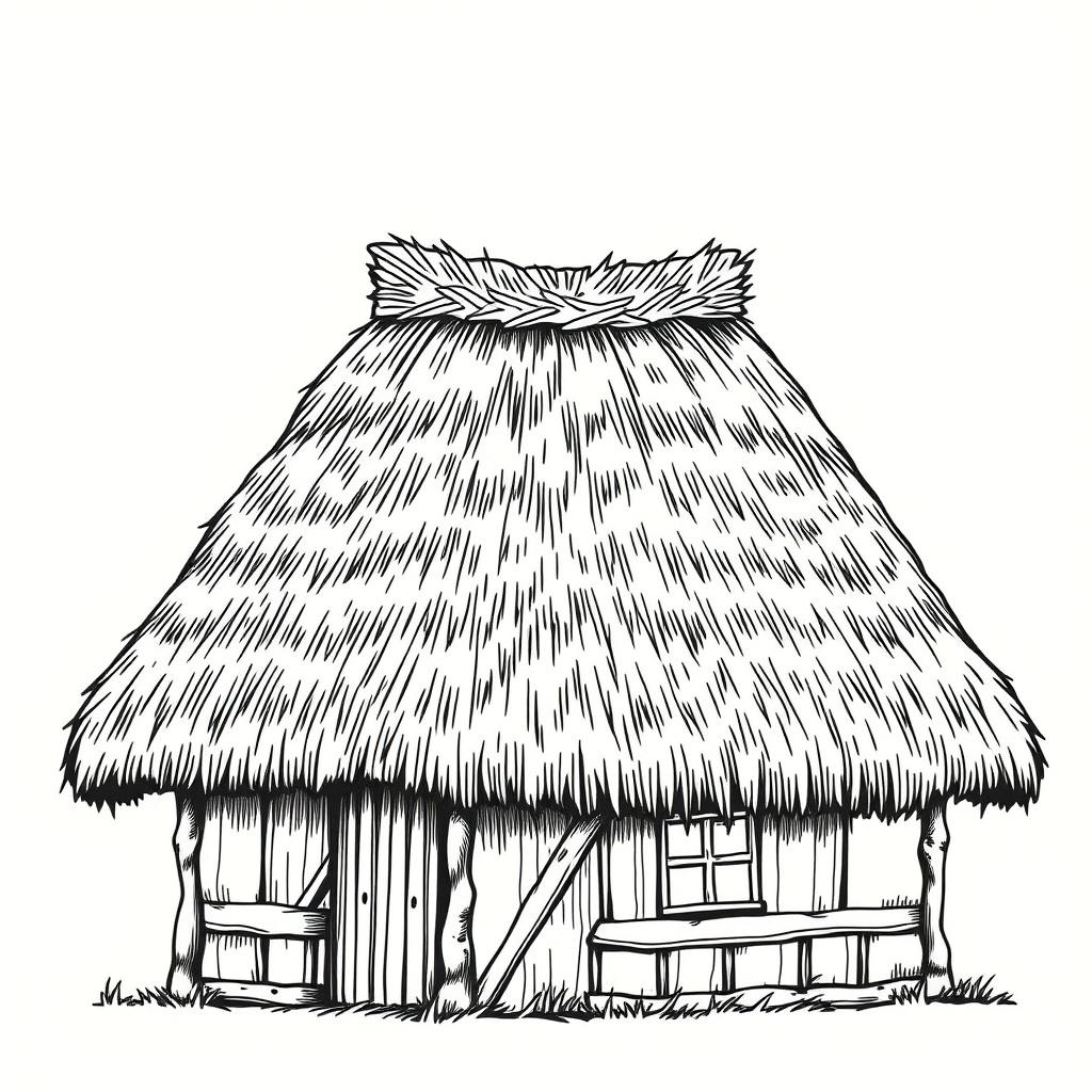 An outline drawing of a classic thatched roof, emphasizing the texture of the straw and the unique curves of the roof structure