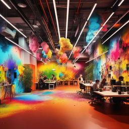 A dazzling masterpiece showcasing a creative co-working space teeming with diverse artists, designers, and creatives. The space is alive with vibrant hues and dynamic compositions, manifesting energetic collaboration and ground-breaking visual expression.