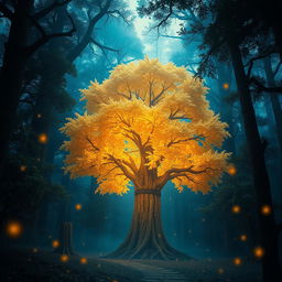 A mystical forest scene filled with dense, ancient trees towering high above