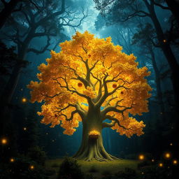 A mystical forest scene filled with dense, ancient trees towering high above