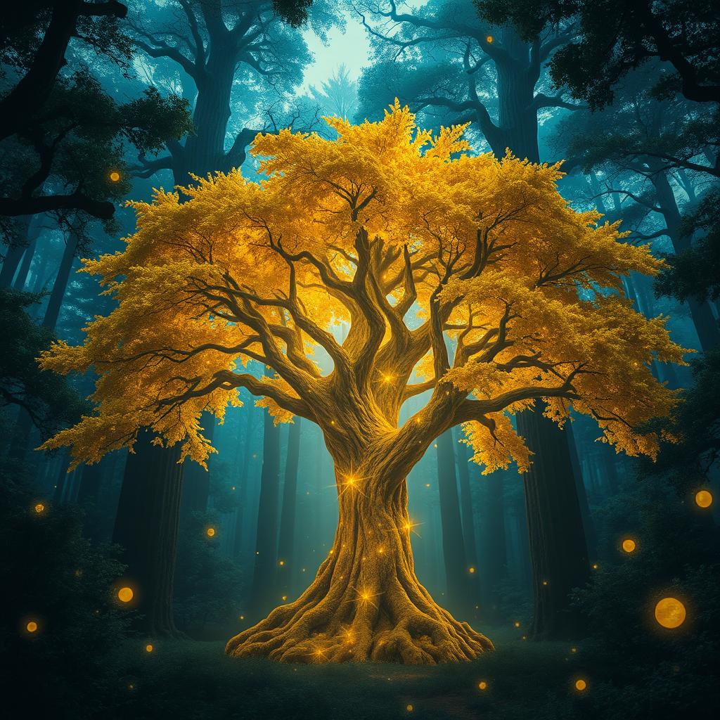 A mystical forest scene filled with dense, ancient trees towering high above