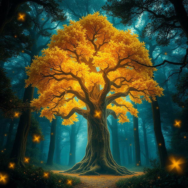 A mystical forest scene filled with dense, ancient trees towering high above